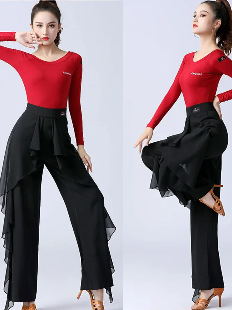 ソリッドカラー社交ワルツパンツダンスウェア高級クラシックハイウエスト競技ラテン女性フリル標準ジャズズボン