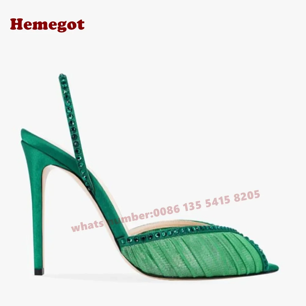 Green Rhinestones Slingback Sandals Open Toe Air Mesh Stiletto Heels Women\'s Sandals Crystals Satin Solid Summer Shoes Luxury
