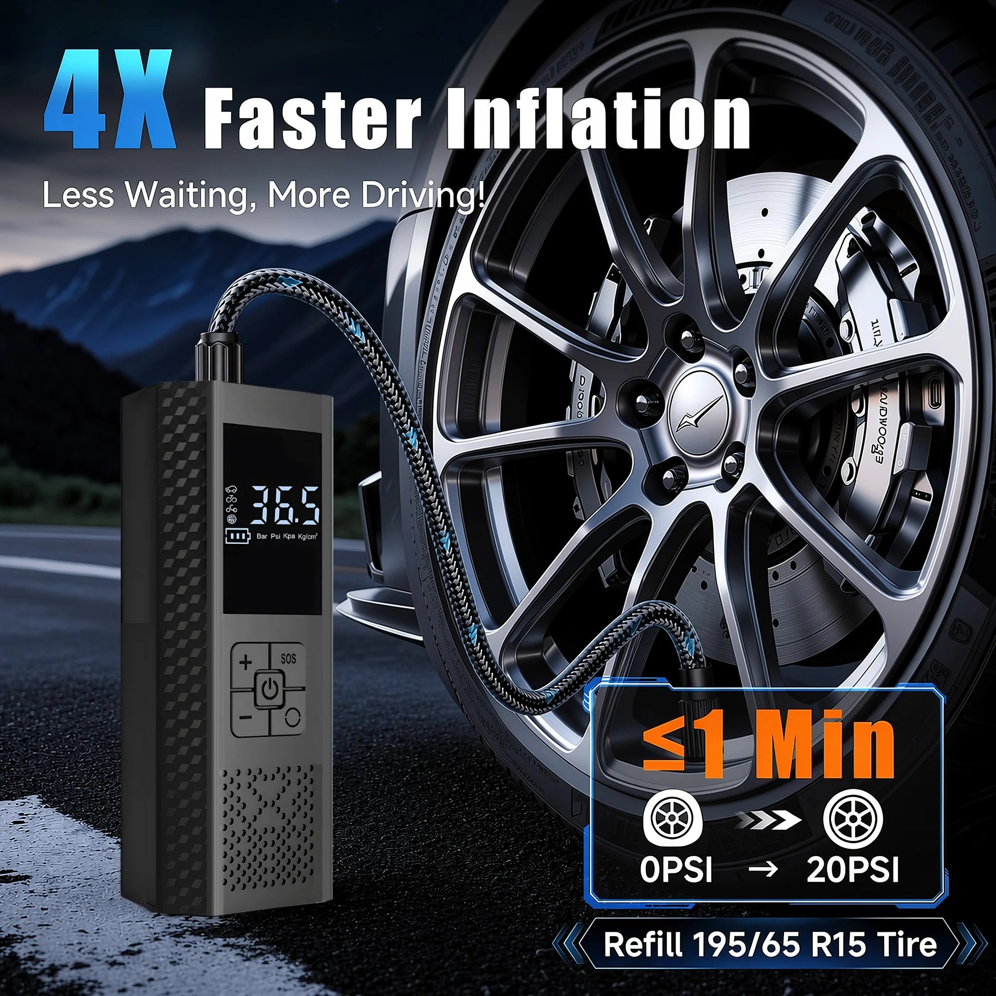 Portable Tire Inflator Tyre Pump 3000mAh 150PSI LCD Air Pump Auto Stop USB Rechargeable for Car Motorcycle Bike Scooter ATV Ball