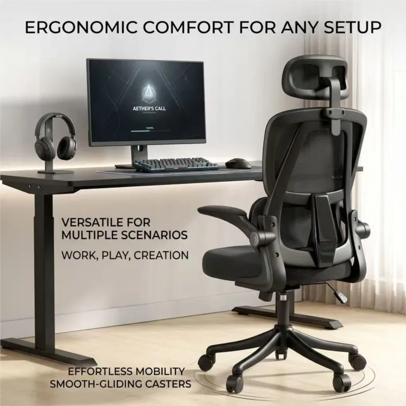 Space-Saving White And Black Frame Ergonomic Mesh Desk Chair With Flip-up Arms High Back Computer