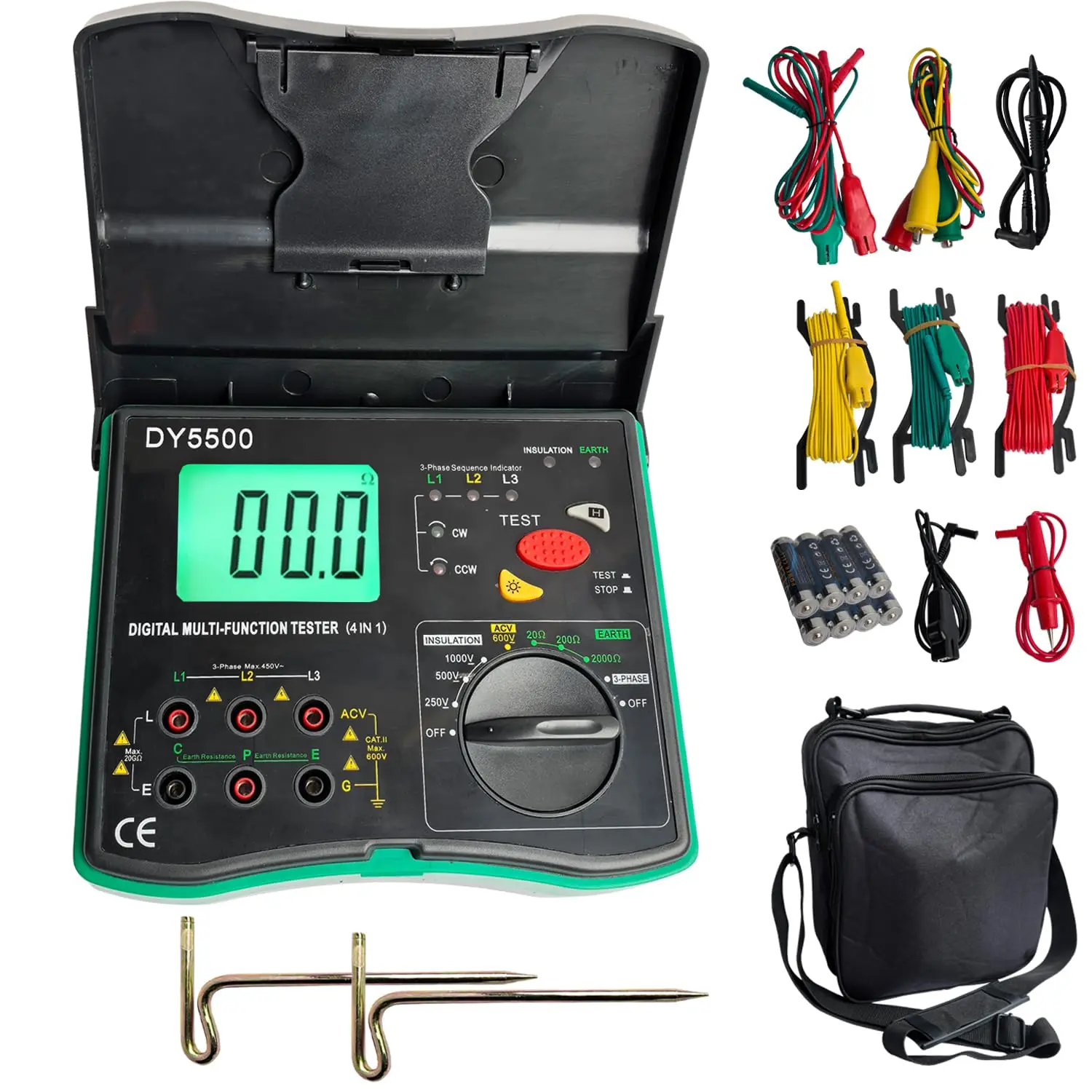 

DY5500 4-in-1 Digital Multimeter-Ground Resistance Tester, Insulation Tester, Phase Sequence Detector & Voltmeter