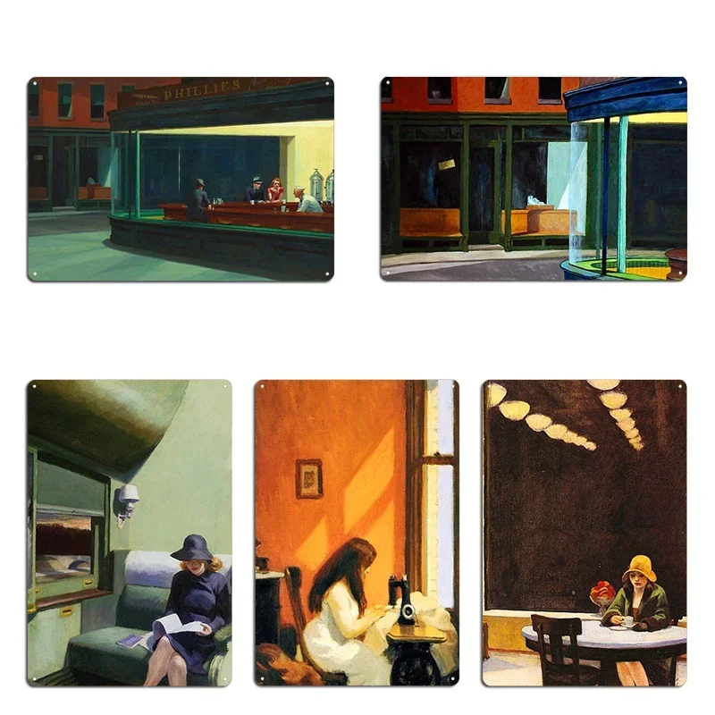 Vintage Nighthawks by Edward Hopper 1942 Automat girl at asewing machine Metal Designs Wall Decor Living Room Tin Sign Poster
