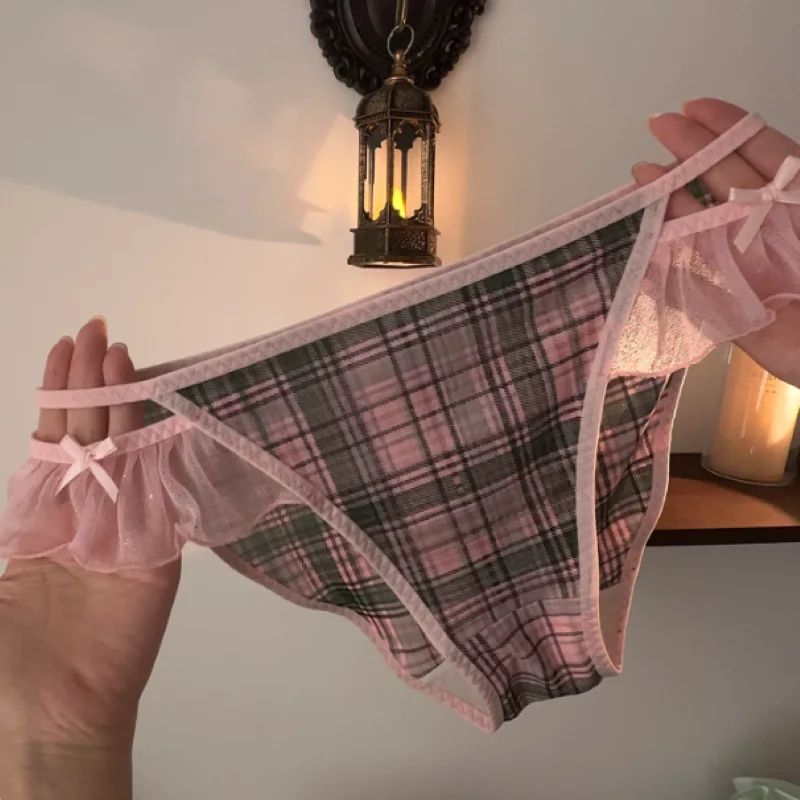 Women Sexy Plaid Lace Briefs Low Waist Mesh Hollow Ruffled Edge Bow Cross-dressing Sissy Panties Elastic Soft Plus Size Lingerie