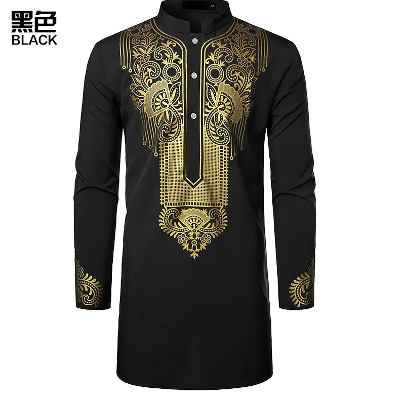 Men's Islamic Arabic Abaya Robe, Ethnic Print Stand Collar, Youth Mid-length Shirt, Muslim Men Clothing, Luxury, Casual Fashion,