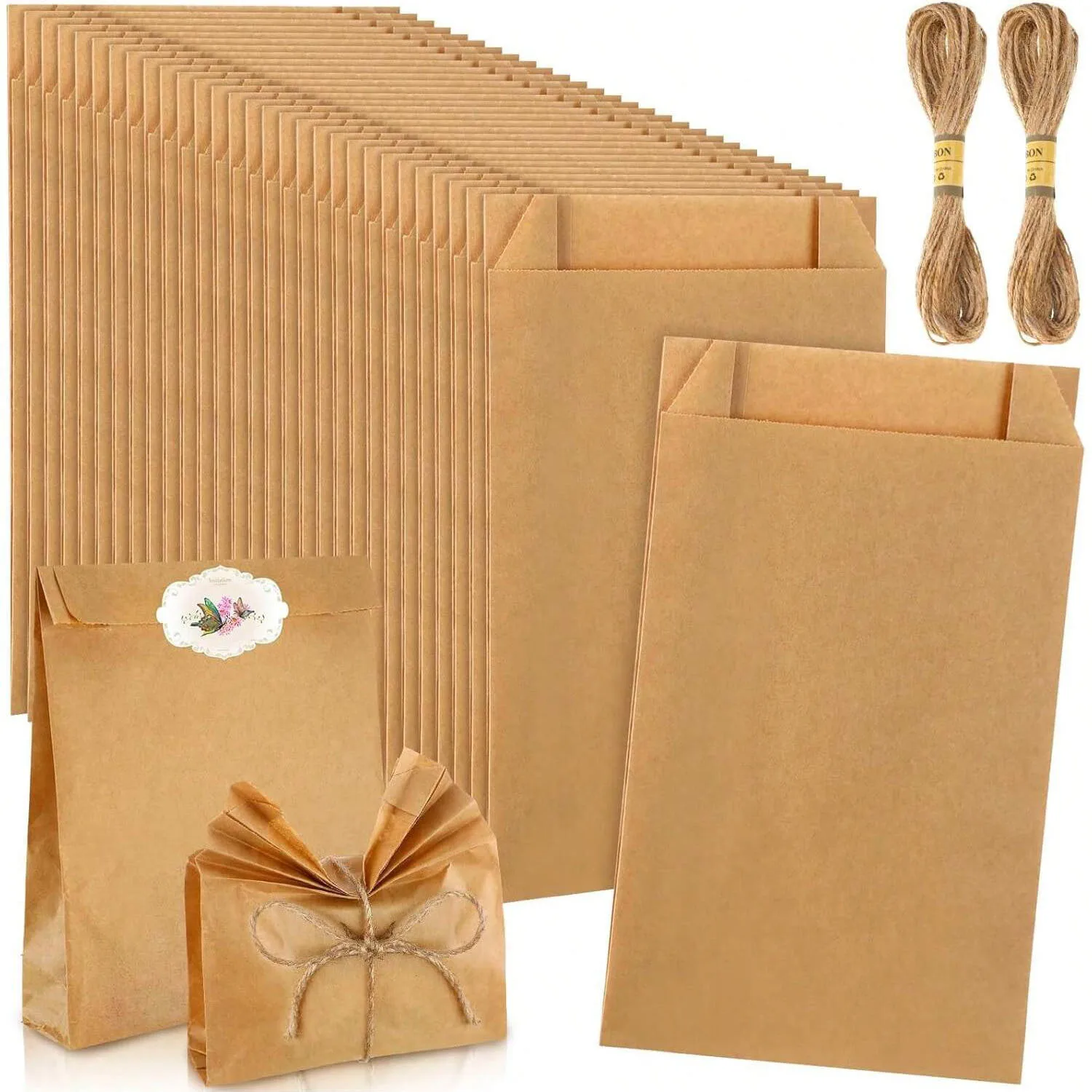 100pcs Paper Bags,Natural Color Kraft Paper Bags with Jute Rope for Making Candy Gifts Crafts Goods Wedding Gift Bags