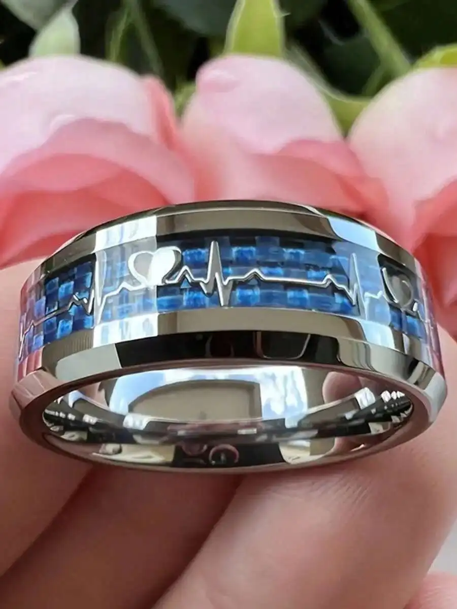 Anillo ECG de Fibra de Carbono y Acero Inoxidable, Anillo ECG Dorado de Moda, Declaración de Amor, Anillo de Boda Unisex