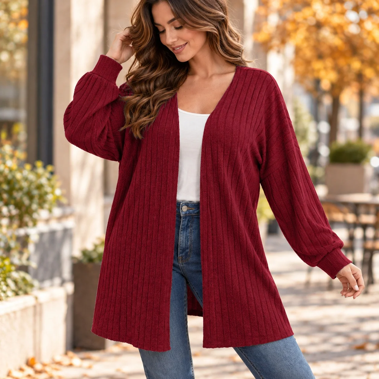 Loose Fit Long Sleeve Top with V Neck Open Front Patchwork Japanese Korean Casual No Button Closure Autumn Cardigan Women Long