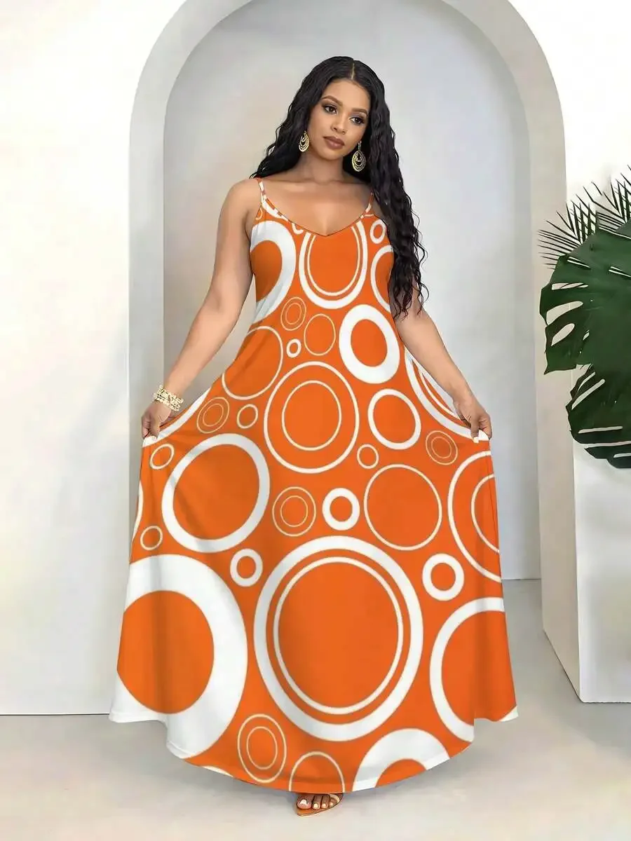 

Plus Size Women Sleeveless V Neck Maxi Dress Orange Circle Print Casual Beach Vacation Dress