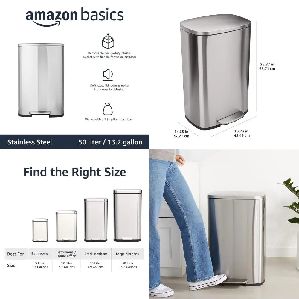 

Soft-Close Brushed Steel Trash Bin, 50L, Satin Nickel, 16.7L x 14.7W x 25.9H