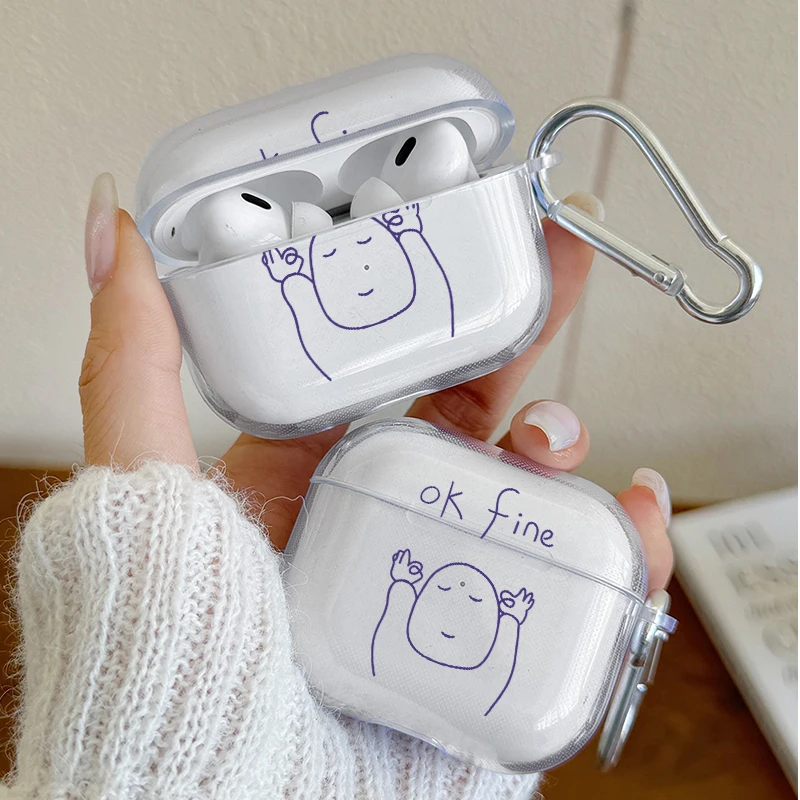 

Fun Ok Fine Cartoon Character Clear Earphone Case for AirPods Pro3/Pro2/Pro Headphone Cover for AirPods 4/3/2/1 Protective Case