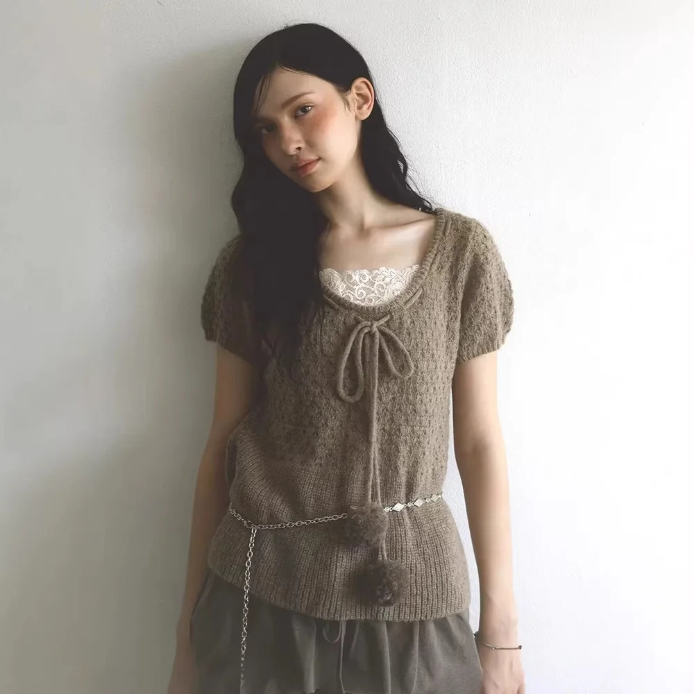 

Women's Knitted ort Sve Woolen Knitwear Spring 2026 Pure Color round Ne Tied Ball Top Badble Ultra Thin Cardigan