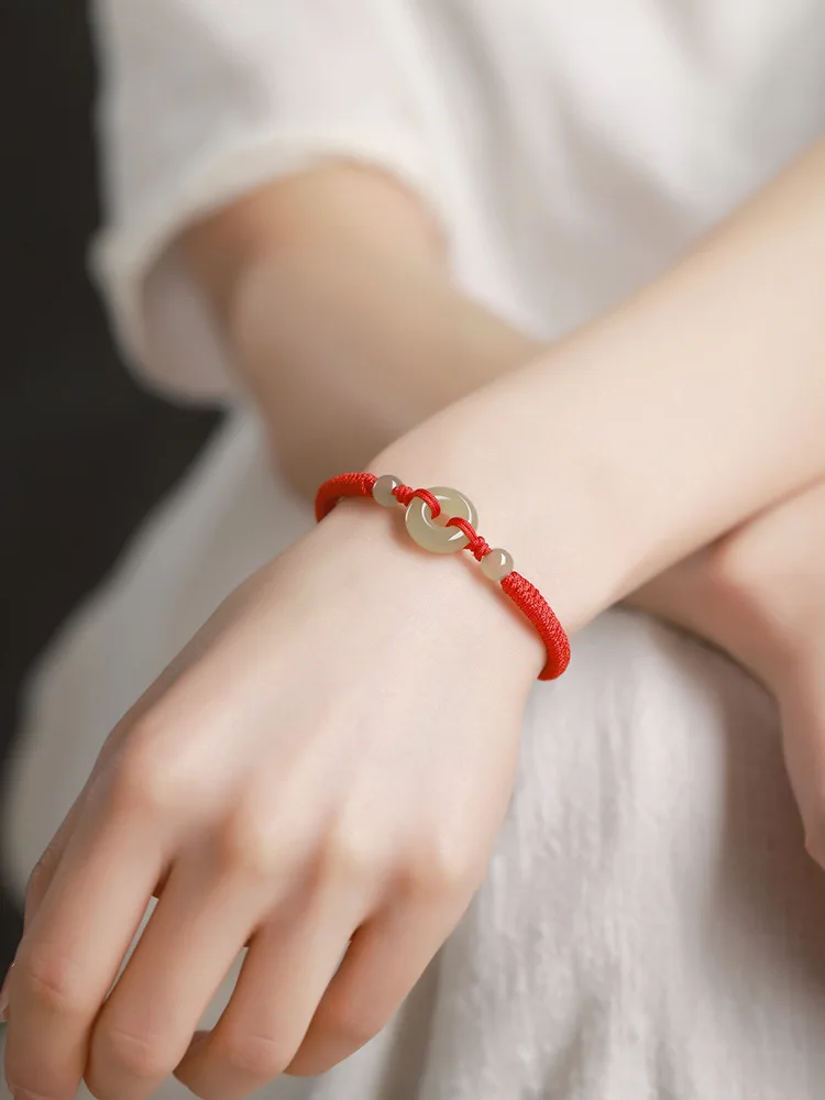 Natural Hetian Jade Peace Men And Women, Red Bracelet, Woven Hand Rope With Fortune Beads