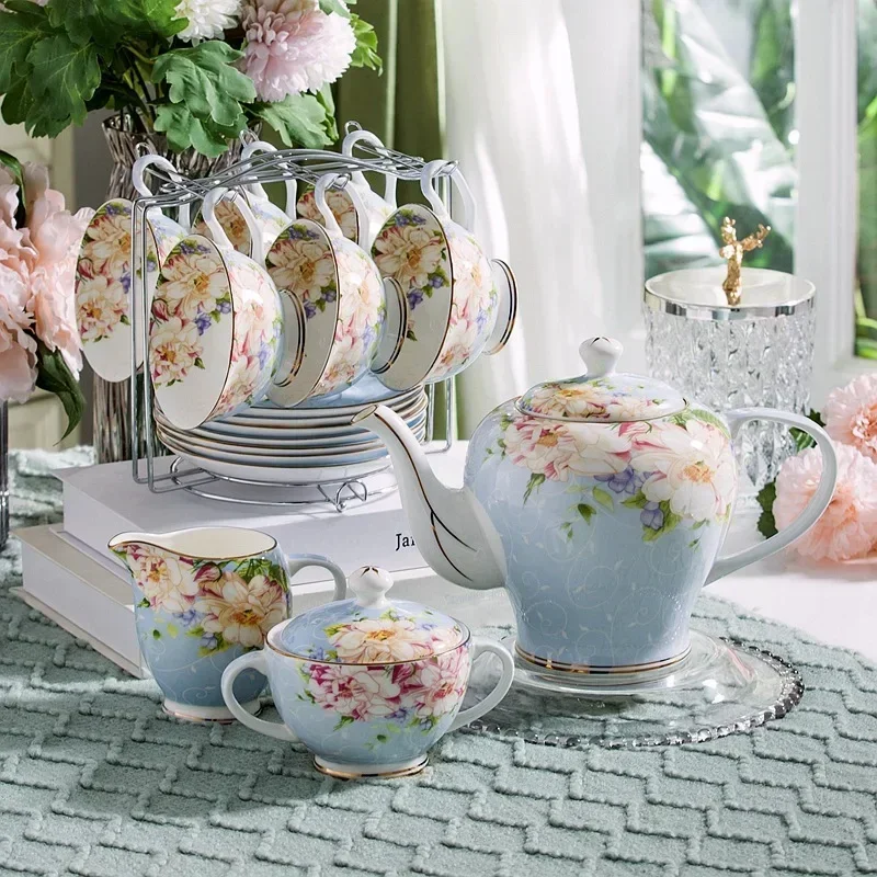 Pink Blue Flower Bone china Coffee Cup Set Porcelain Tea Cup Set Ceramic Pot Mug Sugar Bowl Creamer Teapot Milk Jug Teaset