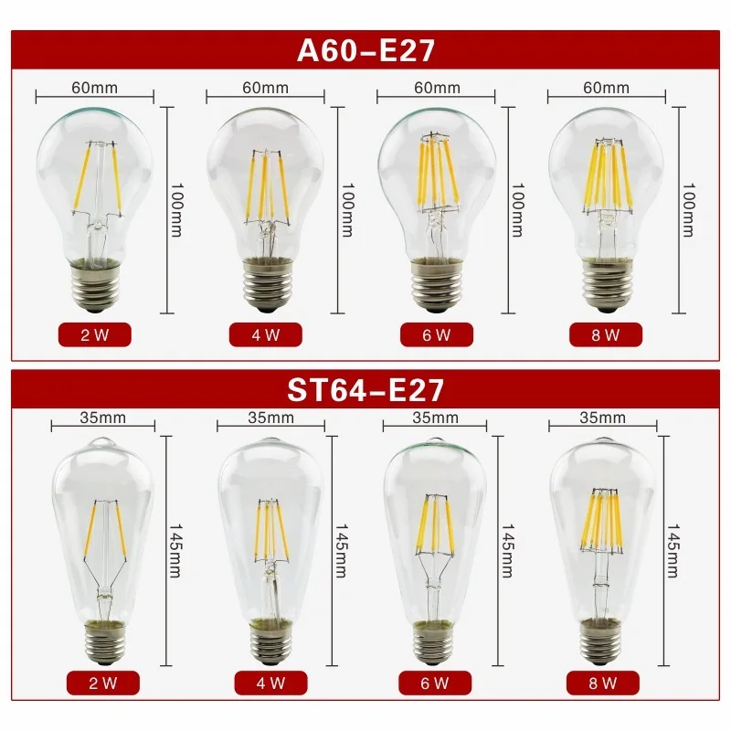 LED Edison Filament Light Bulbs  Art Lights ST64 G80 G95 G125 A60 T45 Dimmable E27 220V 4W 6W 8W 2700K 360 Degree Energy Lamps