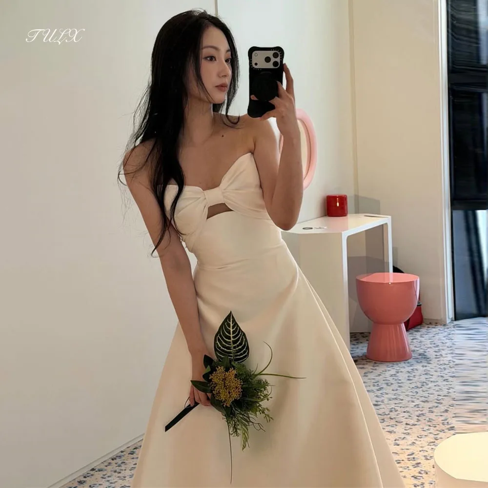 

TULX Elegant A-line Ivory Satin Wedding Dress Korea Photo Shoot Shoot Bow V-Neck Long Bridal Gowns Corset Customized 웨딩드레스