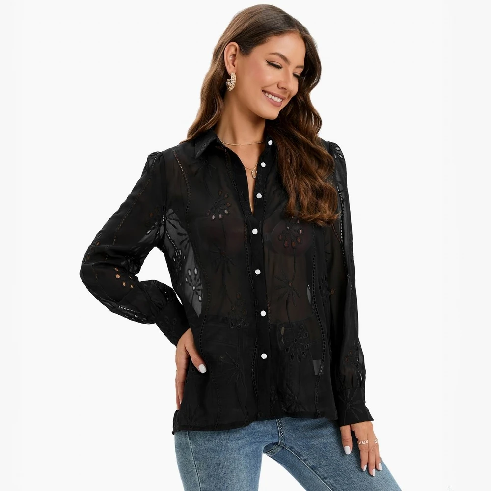 Black Chiffon Shirt Women 2023 New Fashion Transparent Top Wears Preppy Lady Embroidered Lace Blouse