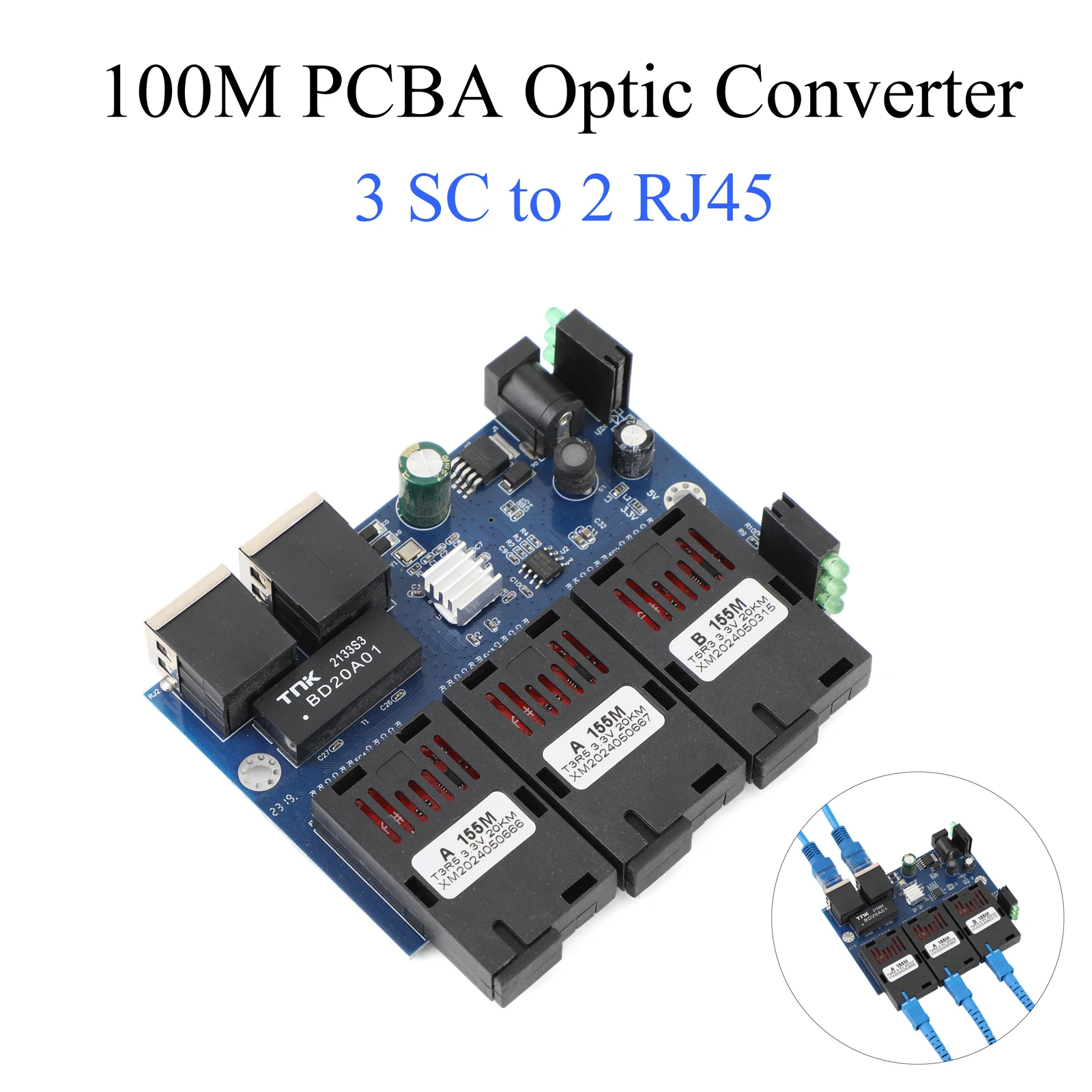 10 M/100 M Glasvezel Media Converter 2 RJ45 naar 3 SC 2A + 1B Optische Connector 1310nm/1550nm Poorten PCBA Board 20 KM Ethernet Switch