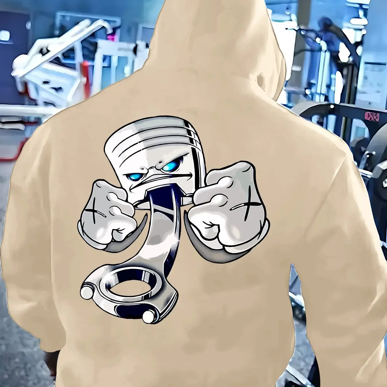 Men Light‑Grey Cartoon Fist Engine Piston Back‑Print Hoodie Car Mechanic Motor Graphic Loose‑fit Unisex Pullover Hooded