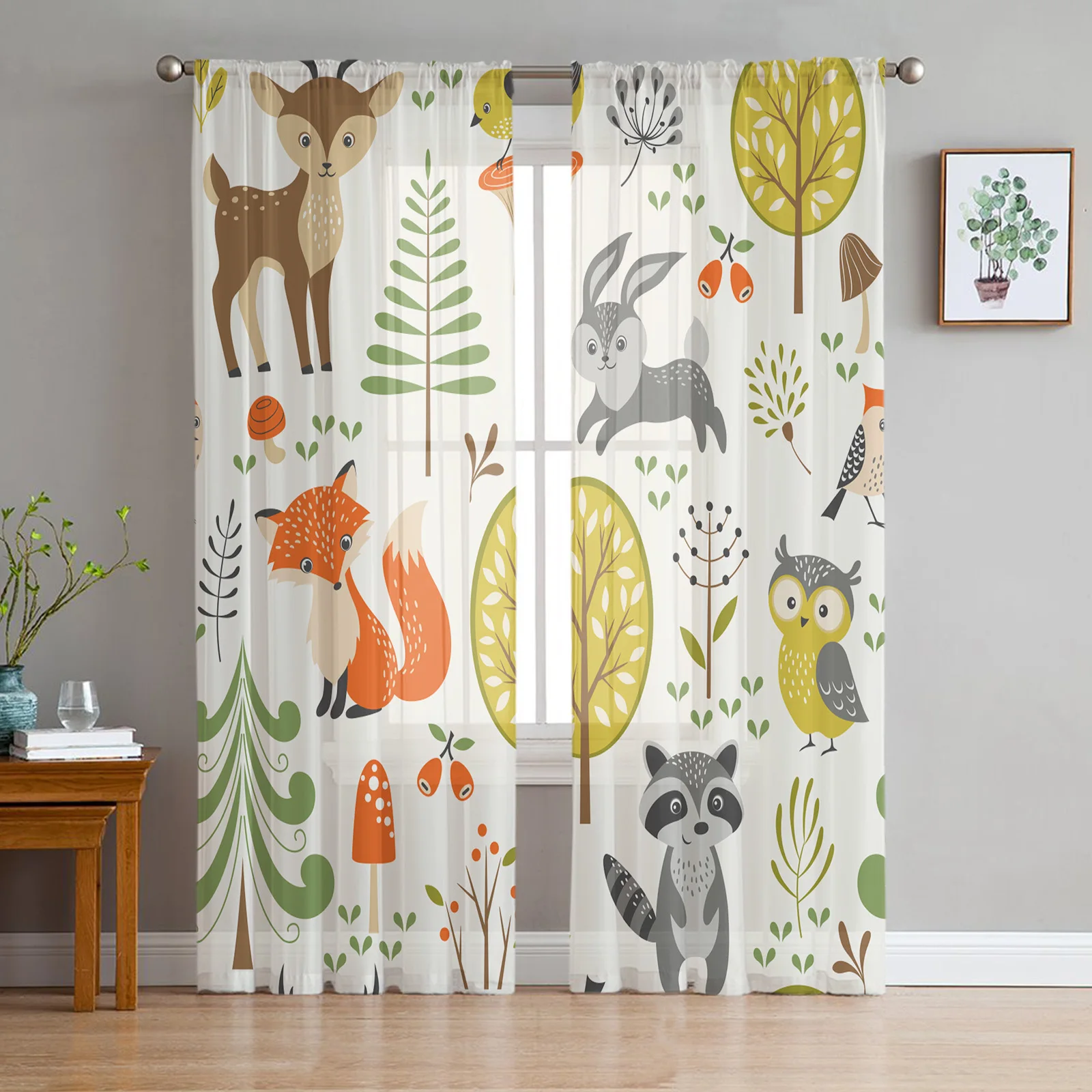 Forest Cartoon Animals Fox Bunny Owl Deer Sheer Curtains for Living Room Decoration Window Curtains Kitchen Tulle Voile Curtains