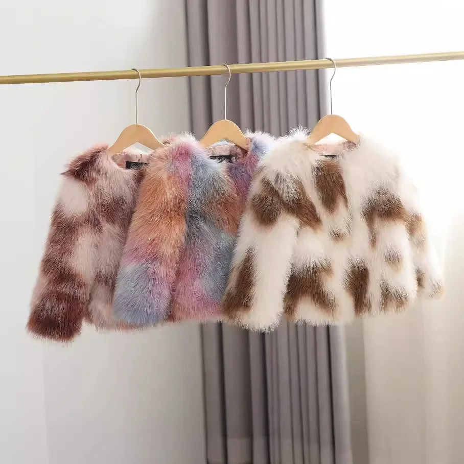 Winter Contrast Color Faux Fur Jacket for Girls Round Collar Color Block Short Coat Fashionable Girls Outerwear