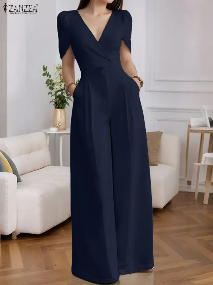 

ZANZEA 2025 Fashion Women Party Jumpsuits Short Sleeve V-Neck Casual Rompers Summer Playsuits Solid Elegant Pockets Streetwear