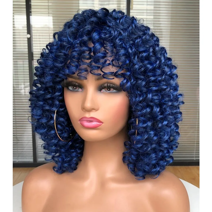 باروكات أفريقية مجعدة للنساء السود شعر مستعار شديد التجعد مع الانفجارات من الألياف الاصطناعية ذات مظهر طبيعي بدون صمغ لراحة الارتداء اليومي