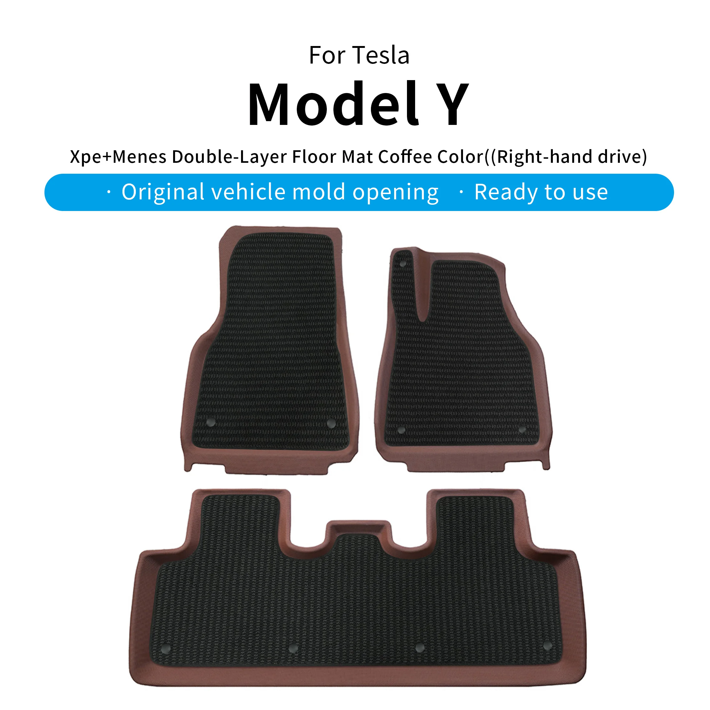 Suitable for Tesla Model Y RHD – Brown XPE mats, Menis top, dual-layer, lightweight, durable & waterproof.
