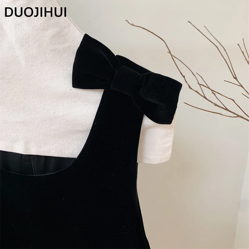 DUOJIHUI Two Piece Vintage Contrast Color Women Autumn Basic Long Sleeve Loose Shirt Chic Bow Simple Casual Fashion Female Dress