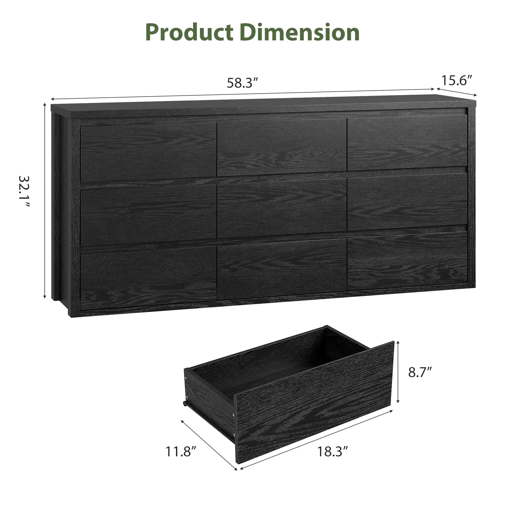 Modern 9 Drawer Dresser for Bedroom – Wide Wooden Chest, Large Storage Organizer, Versatile Furniture for Living Room, Hallway, Entryway