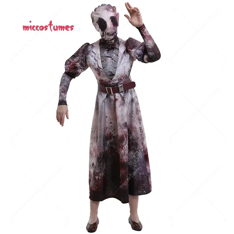 

Miccostumes женская униформа медсестры-убийцы платье косплей костюм с шейным ремешком и головным убором костюмы на Хэллоуин
