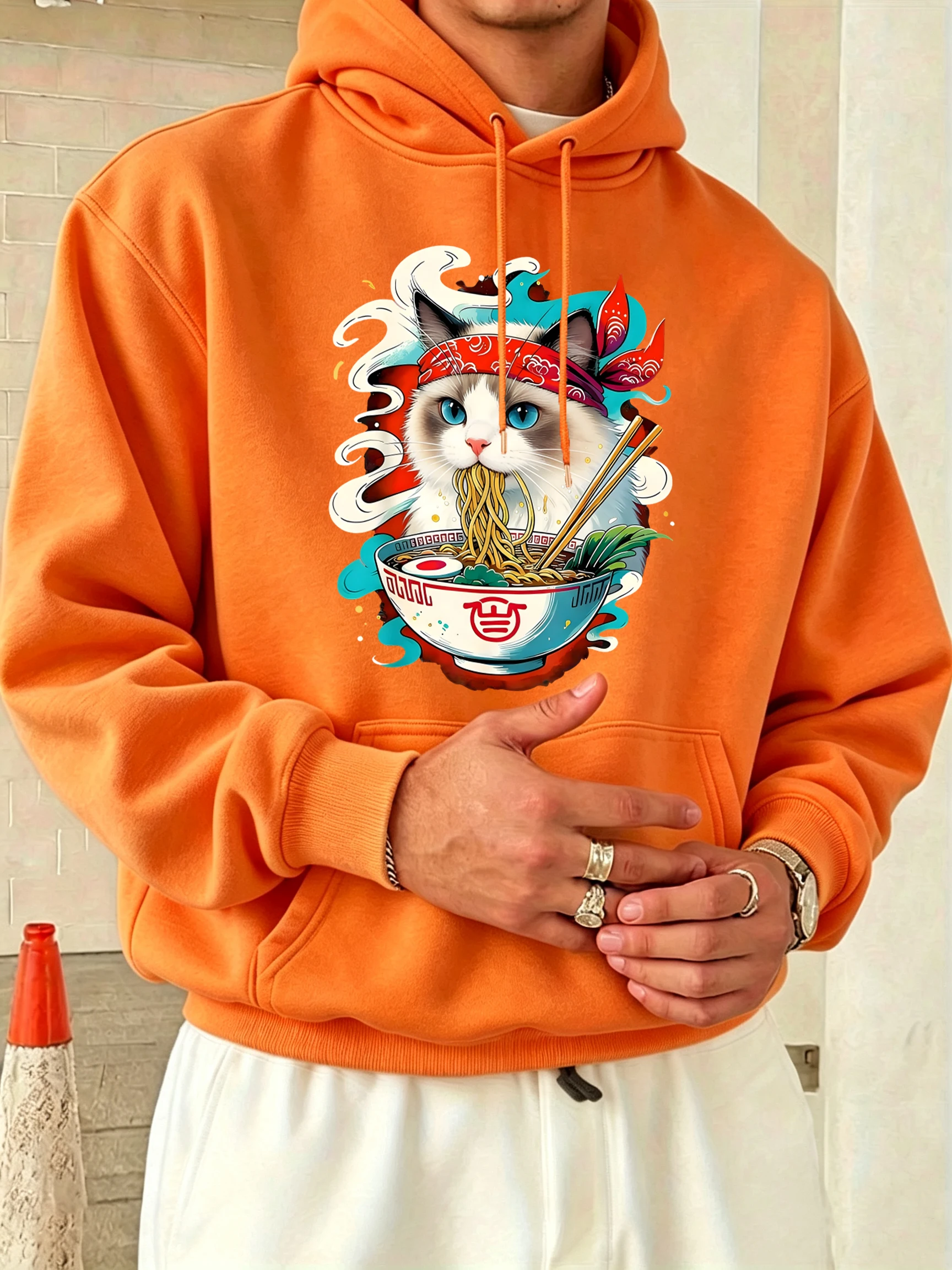 Cat Fighting With Lamian Noodles Pattern Men Sports Hoody Soft Casual Long Sleeve Autumn Loose Streetwear O-Neck Fleece Clothes