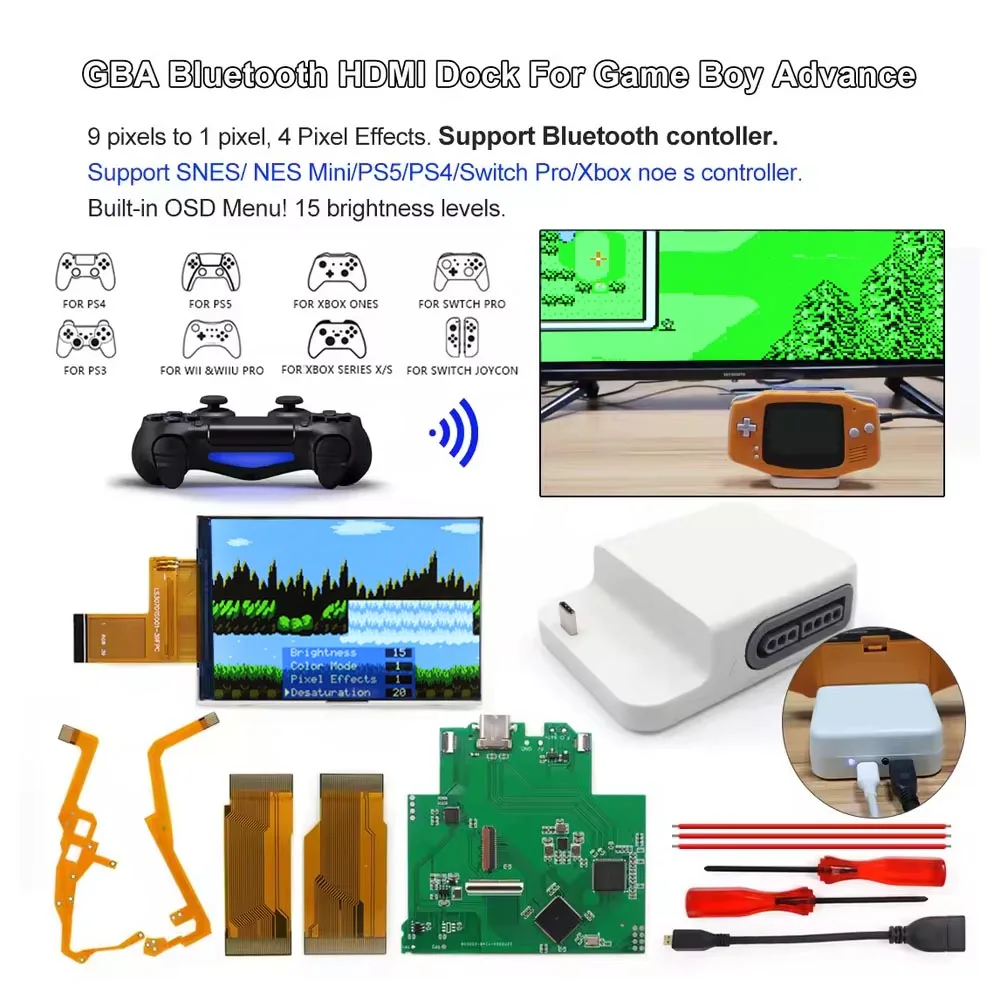 

HD GBA IPS V5 Экран Bluetooth Док-станция HDMI Комплект Поддержка подключения для беспроводного контроллера PS5/PS4/Xbox 720*480 Ретро пиксельный ЖК-дисплей