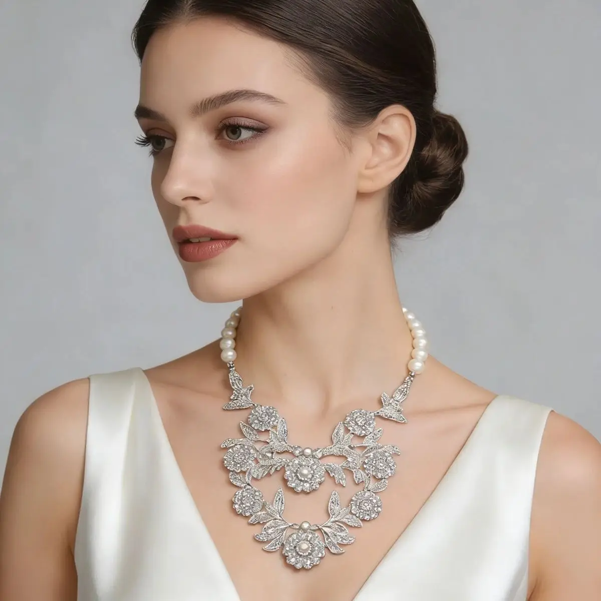 

Свадебное ожерелье в ретро-стиле с искусственным жемчугом, высококачественный модный аксессуар с объемным цветочным и лиственным дизайном.