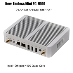 Fanless Mini PC 12th gen Intel Celeron N100 เดสก์ท็อปคอมพิวเตอร์ DDR4 สนับสนุน wifi6 3 * หน้าจอ 2 * HDMI 1 * DP Windows11 2 * LAN