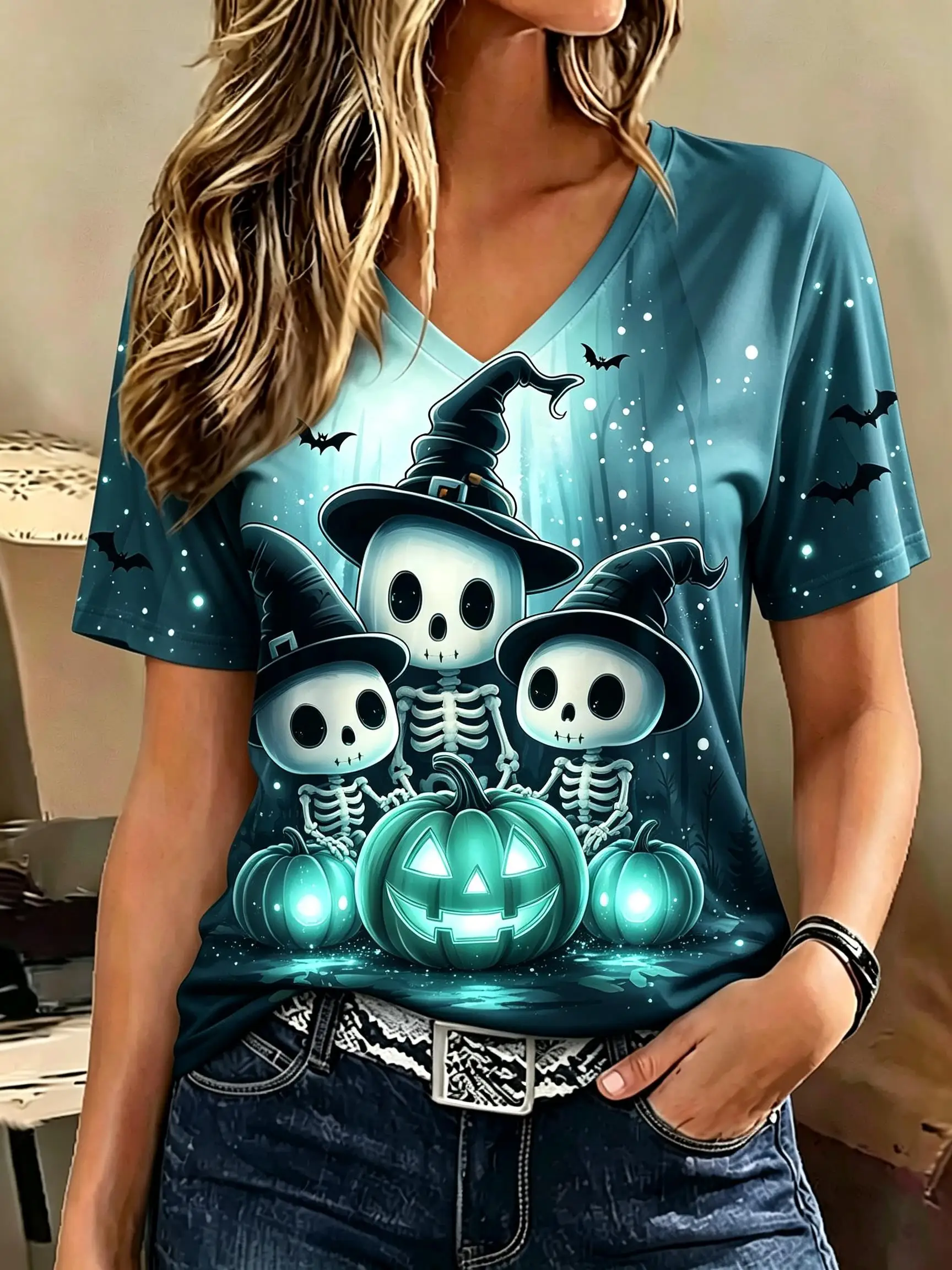 Women V‑Neck Short Sleeve T‑Shirt Halloween Cute Cartoon Print Tee Glowing Pumpkin Skeleton Black Cat Bat Forest Graphic Top