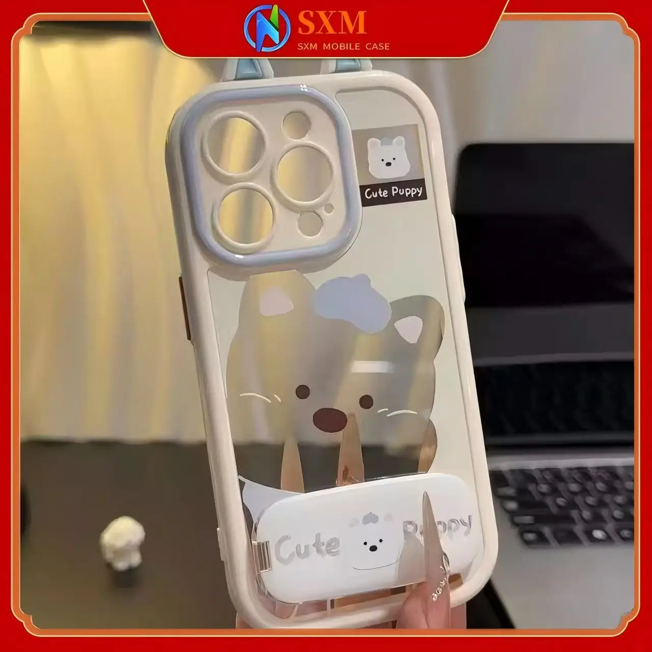 

Suitable for Apple mobile phone blue scarf, puppy cream shell, anti-drop mirror bracket mobile phone case