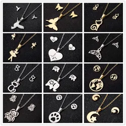 Silver Plated Stainless Steel Earrings Heartbeat Cat Paw Moon Star Necklace Metalic Jewelry Set for Women Girls Animal Accessory