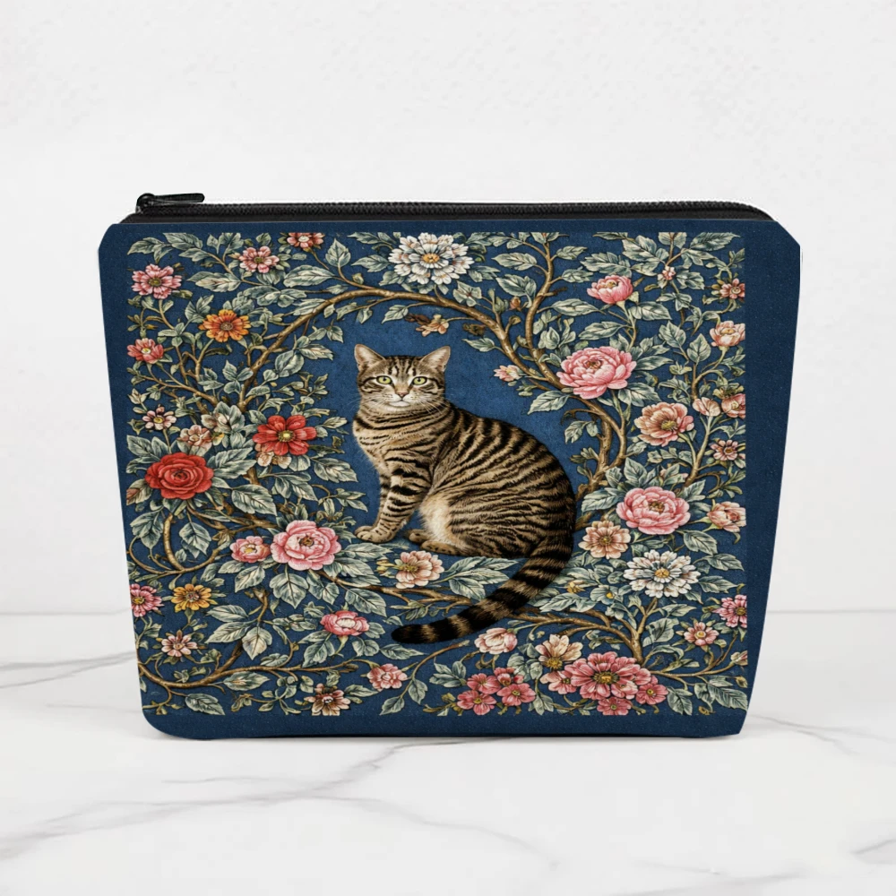 Cat Floral Pattern Print Design Makeup Bags for Girls Cosmetic Pouch Toiletry Bag Pencil Case Travel Storage