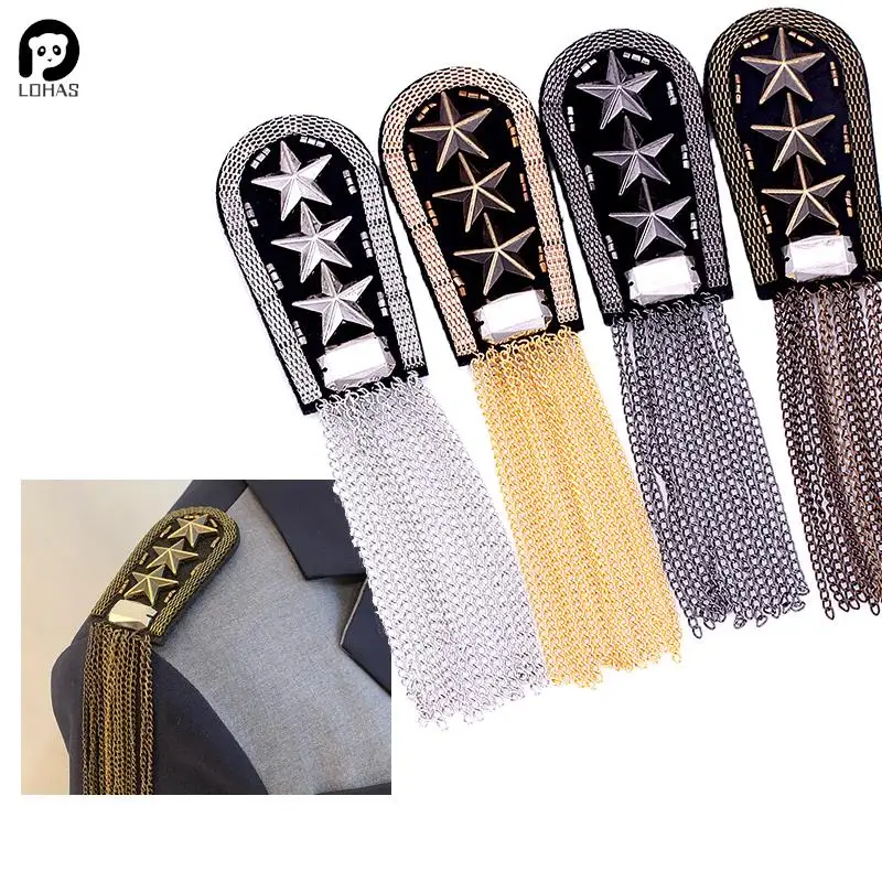 1Pcs Vintage Five Star Tassel Chain Shoulder Board Badges Beads Fabric Metal Epaulet Epaulette Military Pin On Brooch Medal