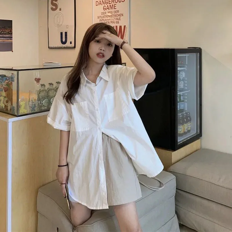 Lucyever Summer White Shirt Women Harajuku Loose Students Short Sleeve Shirts Woman Casual All-Match Buttons Up Lapel Blouse