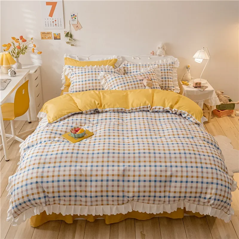 Washed Cotton Princess Bed Skirt Quilt Cover Bedding Set 4 Suit  Bed Sets Girl Cute Kawaii Comforter luxury Bedding Sets