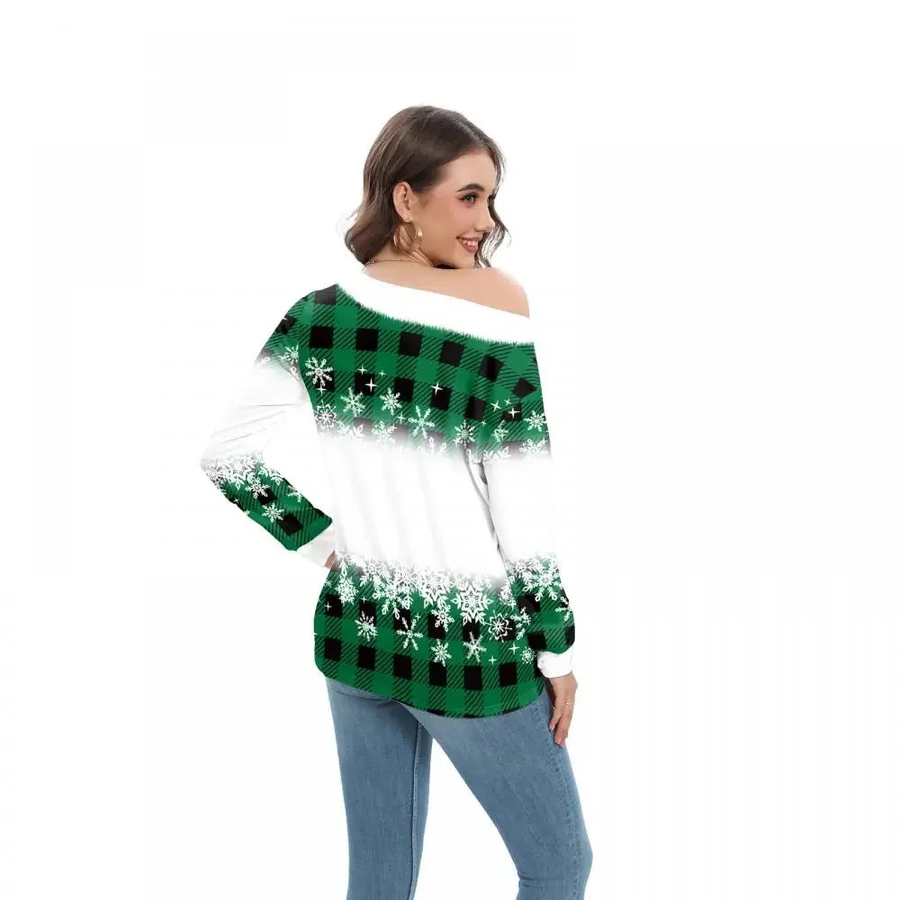 Long Sleeve Christmas T-Shirts for Women Snowman Wears Magic Hat Off Shoulder Shirts White Green Tee Xmas Tops Female Clothing