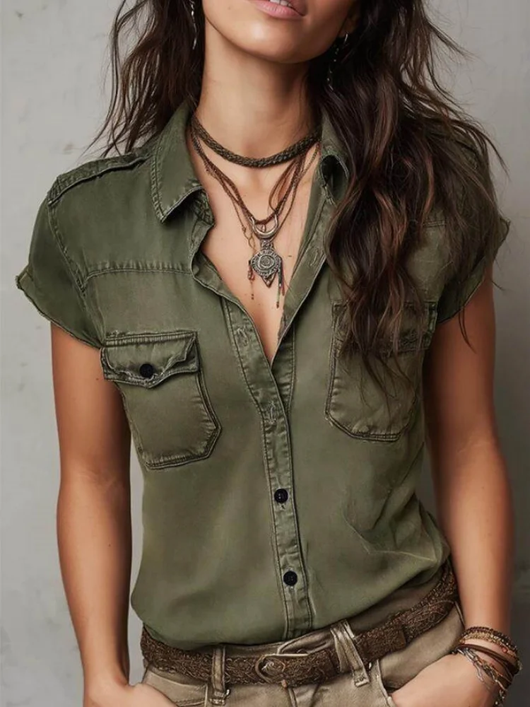 Short Sleeve Top Lapel Collar Single Breasted Double Chest Pocket Epaulet Slim Blouse Outfit For Women Vintage Safari Street Stylish Wear