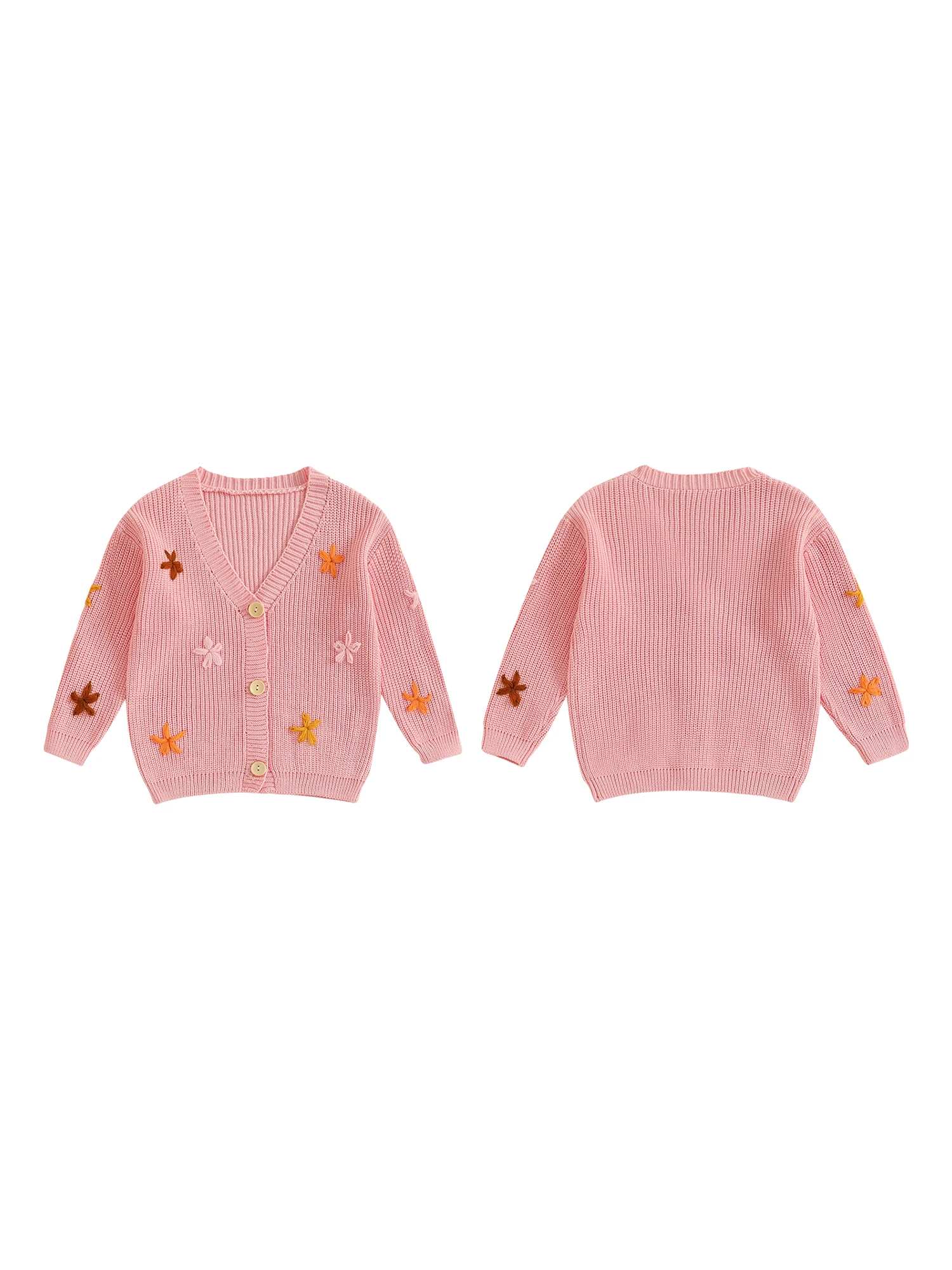 

Children s Girl Autumn Knitted Cardigan with Long Sleeves V-Neck Button Closure and Floral Embellishments Sweater