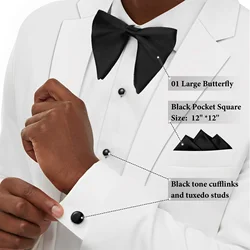 HAWSON Black Bow Ties Pocket Square Set with Cufflinks and Studs,Men's Adjustable Pre-Tied Silk Tuxedo Bow tie for Wedding.
