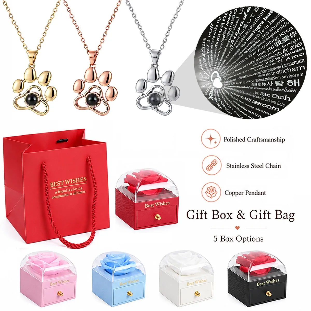 100 Languages Projection Zircon Dog's paw Pendant Necklaces With Rose Gift Box For Women Christmas Valentine Birthday Jewelry
