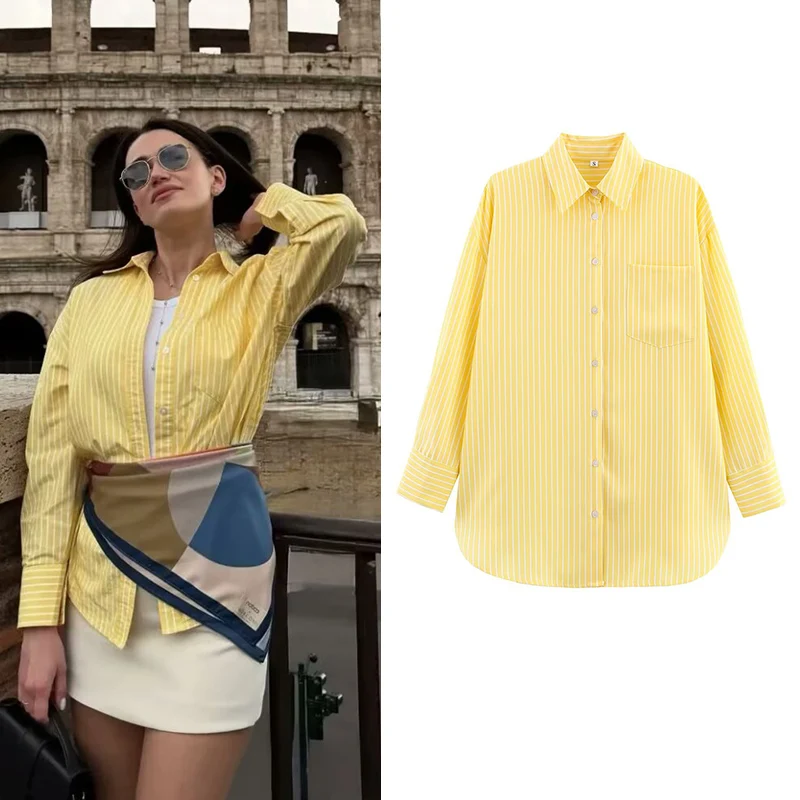 

Striped Loose Shirts Summer Women's 2025 New Blouses Chic Elegant Joker Long-Sleeved Women's Shirts Tops Street Youth Tops