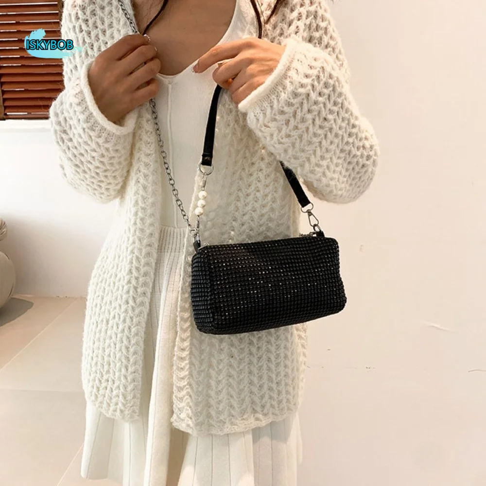 

Retro Shiny Evening Banquet Bag Chain Pearl Glitter Crossbody Bag Small Purse Underarm Bag Rhinestone Hand Bag Party