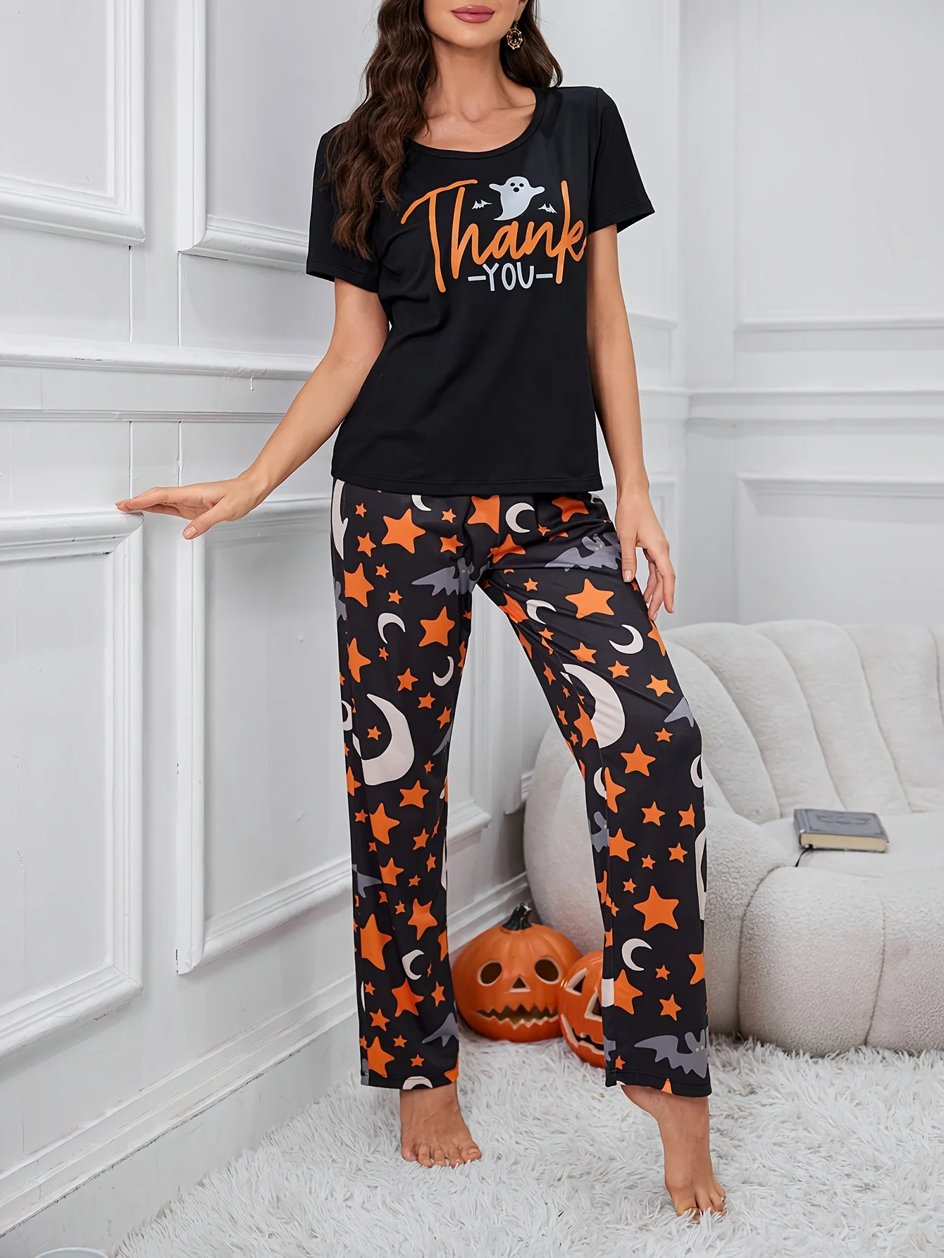 Halloween Limited Size Women's Summer Casual Cute Cartoon Printed Short-Sleeved Pants Pajama Set