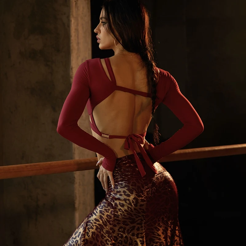 ZYM Latin Dance Clothes Women Sexy Short Tops Slit Leopard Skirt Cha Cha Rumba Performance Costume Adult Latin Dress DNV25538